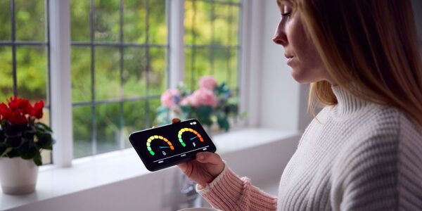 A woman at home holding a smartphone showing a smart meter energy usage app with two gauge dials