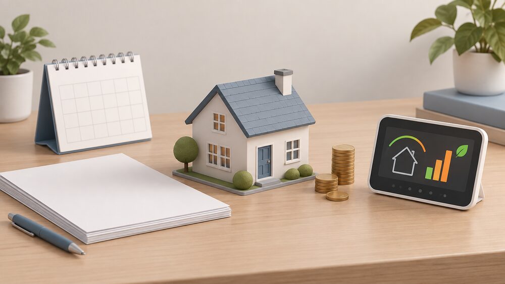 A small model house sits on a table beside blank paperwork, a wall calendar, a stack of coins and a smart meter's in-home display unit, representing a home's energy use being measured over time to work out savings.