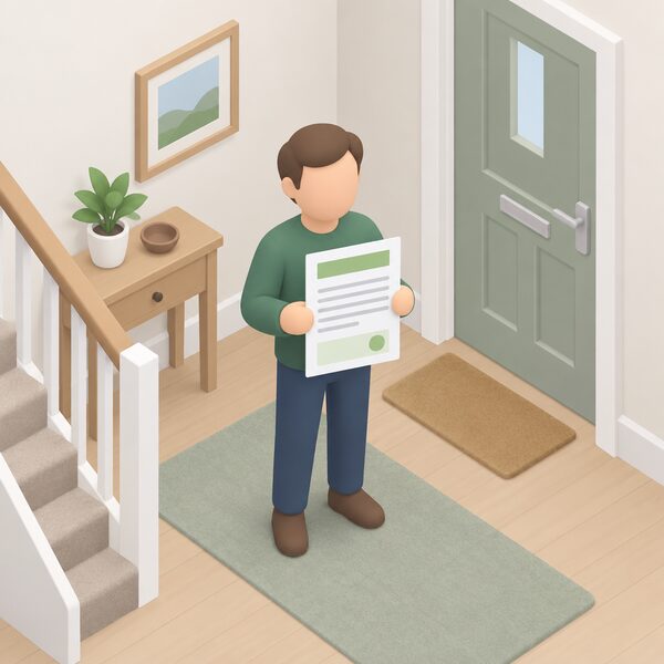 A simplified isometric landlord standing in a home hallway holding up a paper Rent Smart Wales registration certificate, shown as a physical document with blank lines and plain colour bands so no words or figures are readable.
