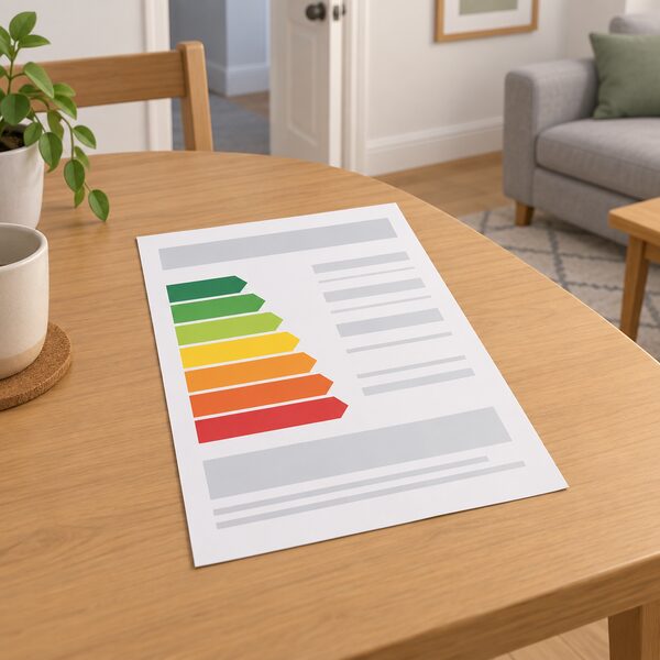 A printed EPC certificate lying on a table in a let home, shown as a physical sheet with a plain colour band marking the property's energy rating band, with blank lines for the rest of the details so no readable figures appear.