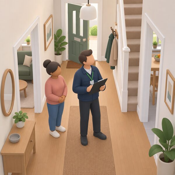 A Nest assessor standing in the hallway of a lived-in private rented house during a whole house assessment, holding a clipboard and looking around at the property as a whole, with the tenant nearby, showing the visit arranged after the household's phone call.