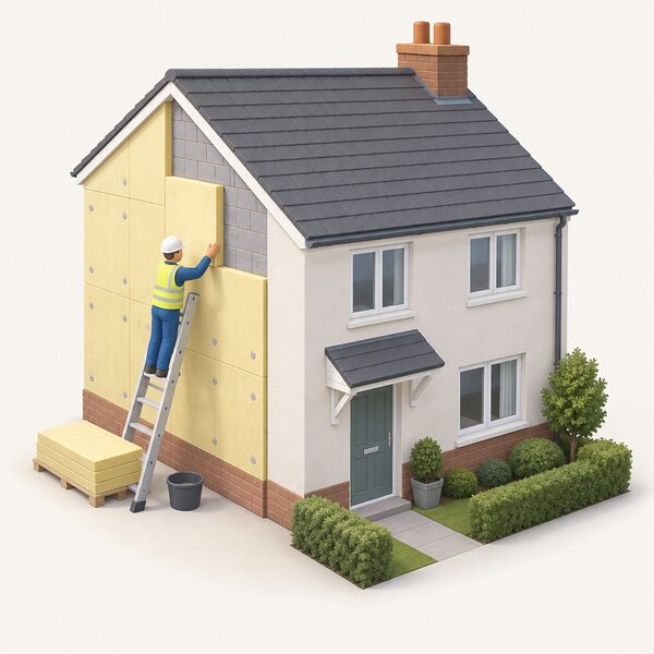 An installer in work clothing fitting insulation to the external wall of a small rented house, with one section of the wall exposed showing the insulation layer being applied, while the simplified figure of the work proceeds on a ladder against the property.