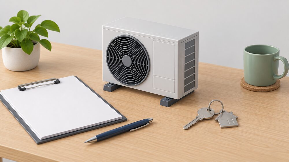 A small model of an air source heat pump stands on a table beside blank application paperwork, a house key and a pen, suggesting a tenant applying for funded energy improvements in a privately rented Welsh home.