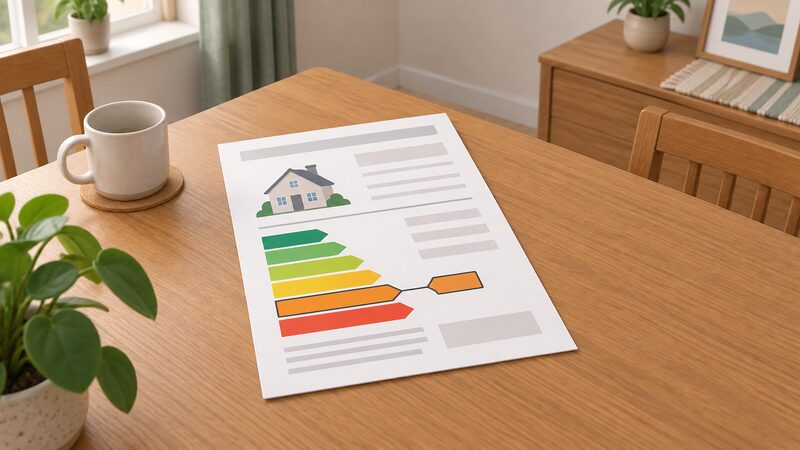 A domestic Energy Performance Certificate document lying on a table in a Welsh home, shown as a physical sheet with its coloured energy rating band chart marked at band E, with blank lines for property details and no readable words or numbers.