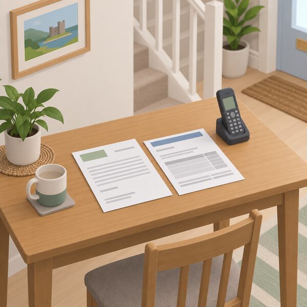 A plain kitchen or hallway table in a Welsh home with a benefit award letter and a Council Tax statement lying flat on its surface, ready to be picked up for a Nest application phone call, with a telephone handset nearby.