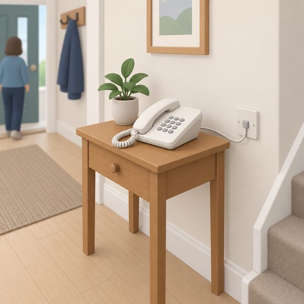 A single corded telephone sitting on a plain table in a home hallway, its handset resting in place and one coiled cord and line cable running to a wall socket, representing the one phone line through which households contact the Nest scheme.