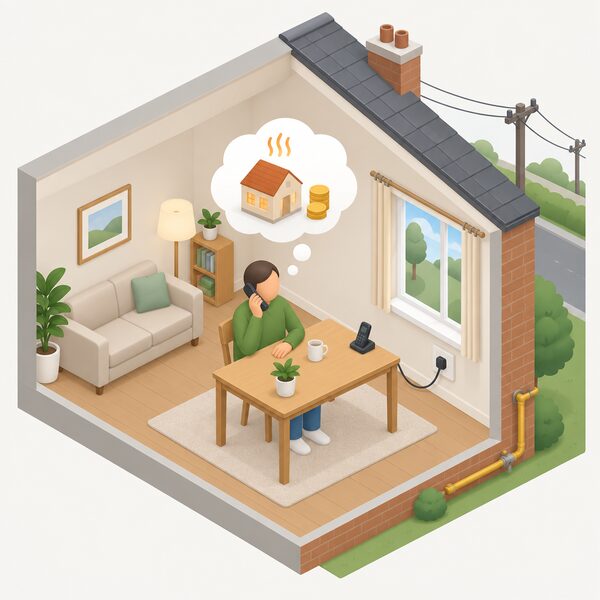A simplified isometric householder sitting at a table in their living room holding a cordless phone to their ear making a free call, with a power cable from the wall socket and a small gas pipe visible, and outside the window a simple overhead electricity line connecting the house to the grid.