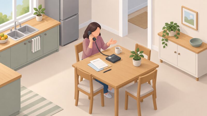 A householder seated at a kitchen table speaking on a phone to an energy advice line, with a few loose papers and a pen lying on the table beside them, the papers closed and untouched while they talk.