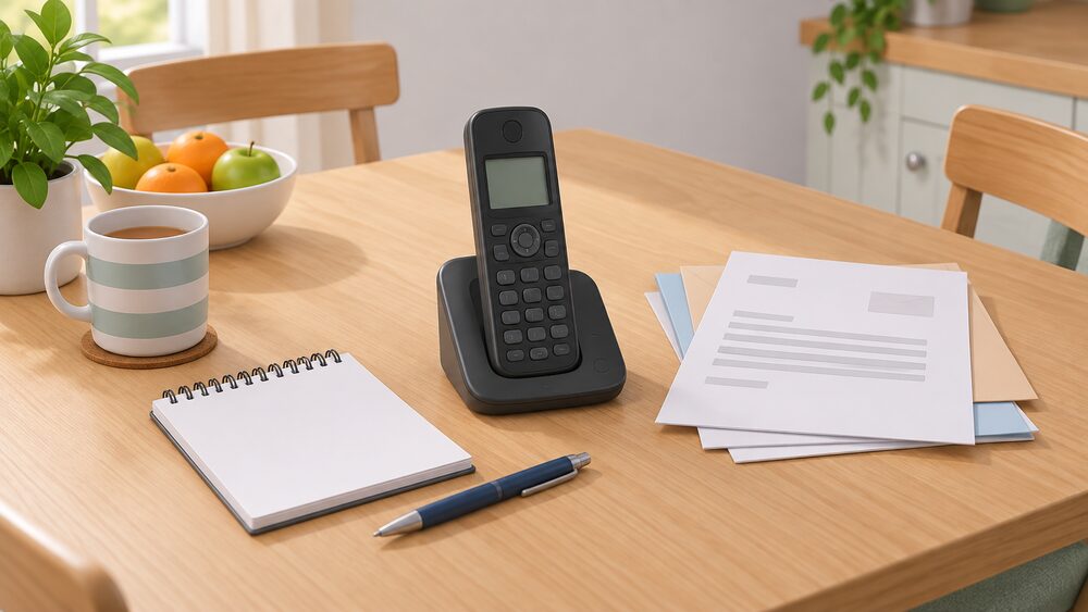 A home telephone resting on a kitchen table beside a blank notepad, a pen and a small stack of paperwork including a benefit award letter, ready for a call to a free energy advice helpline.