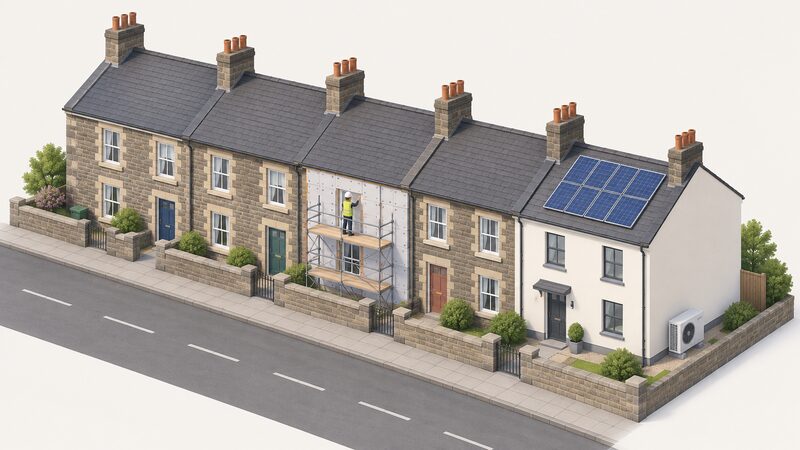 A Welsh terraced street seen in isometric view, with older stone houses showing solid walls and chimneys alongside a newer rendered house with solar panels and an external heat pump, one small figure inspecting an external wall insulation job on a scaffolded mid-terrace.