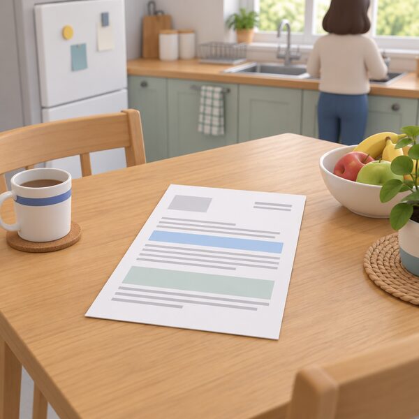 A plain white household letter about a qualifying means-tested benefit lying flat on a domestic kitchen table, its content shown only as blank lines and plain colour bands, with a simple kitchen setting around it to show the income route into the scheme.