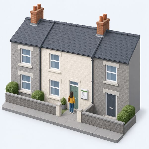 A small isometric view of a Welsh terraced house with a tenant figure at the front door and, beside the door, a wall-mounted document holder holding the landlord's registration certificate shown as a plain sheet with blank lines and a colour band.