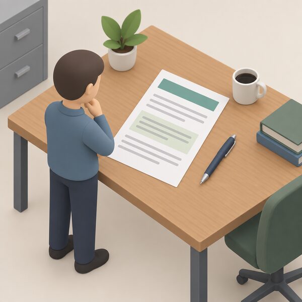 A printed funding statement document lying on a wooden desk in an office setting, shown as a physical paper with a plain header colour band and blank lines of text, with a pen resting beside it and a simplified isometric figure standing nearby reading it.