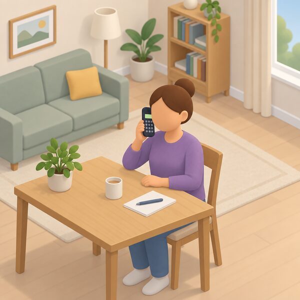 A householder sitting at a table in their own living room telephoning the free Nest advice line on a cordless handset, with the phone's screen showing only a plain colour band, checking whether they are eligible for free home energy efficiency improvements.