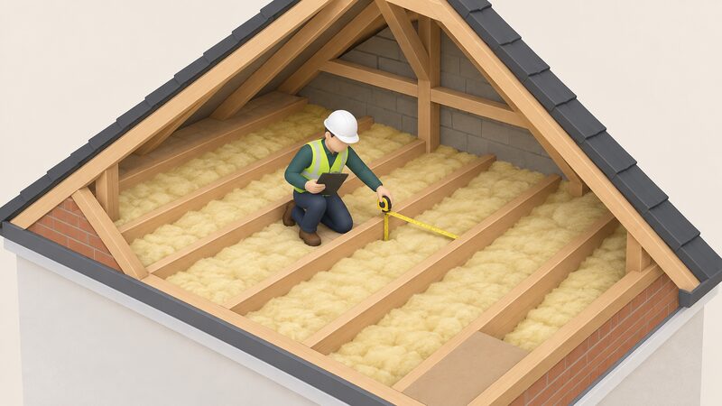 A simplified isometric Nest assessor stands in the loft space of a Welsh bungalow, holding a clipboard and a tape measure stretched across the joists while checking the depth of the loft insulation laid between them.