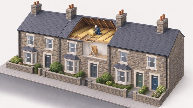 A terraced Welsh street of stone-fronted houses shown in cutaway, with one mid-terrace home's roof space open through a loft hatch while a simplified figure lays insulation between the joists.