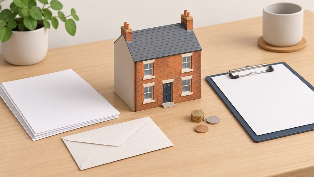 A small plain model of a mid-terraced house sits centrally on a table beside blank application paperwork, a sealed envelope, a council-style clipboard and a few loose coins, suggesting a household weighing which grant scheme to apply through.