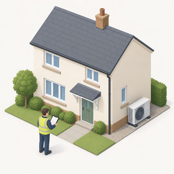 An accredited domestic energy assessor stands outside the front of a house holding a clipboard, surveying the property before an air source heat pump installation, with an outdoor heat pump unit visible beside the wall of the house.