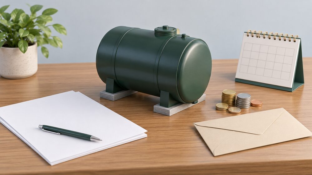 A small model of a domestic oil heating tank standing on a table beside blank application paperwork, a sealed envelope, a handful of coins and a calendar, representing a funded heating upgrade for an off-gas-grid oil home.