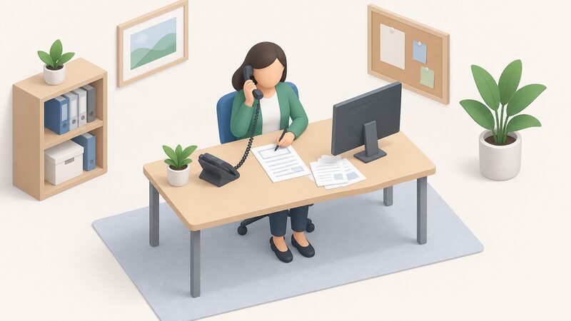A simplified isometric adviser sits at a desk in an energy advice office, holding a telephone handset to their ear while taking a grant application call, with an application form and supporting document sheets lying on the desk beside a computer screen.