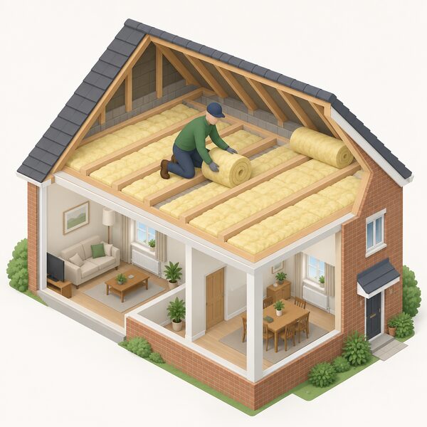 An installer in plain work clothing fits insulation to the inside of a loft space in a home, laying insulation material between the ceiling joists, with a small isometric cutaway showing the insulated roof above the living rooms below.