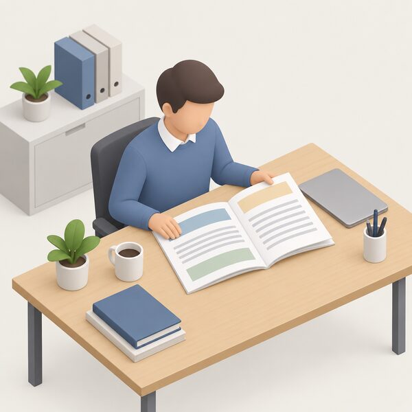 A printed programme document lying open on a desk, its pages showing plain colour bands and blank lines, with a simplified isometric figure seated beside it reading through the pages in an office setting.