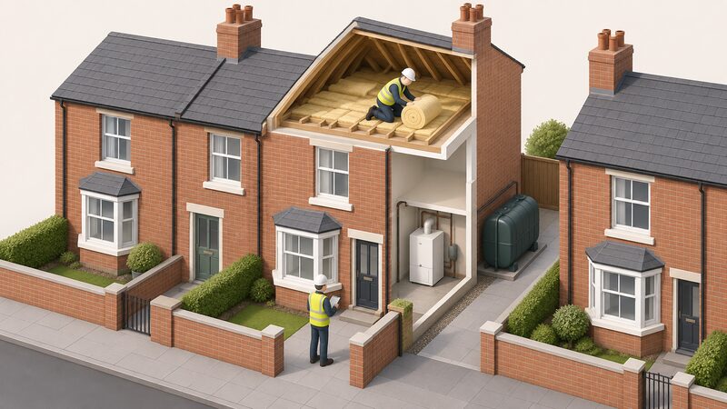 A surveyor figure outside a Northern Ireland terraced brick house with an oil tank in the side passage, clipboard in hand, while the open loft above shows a roll of insulation being inspected for grant-funded heating work.