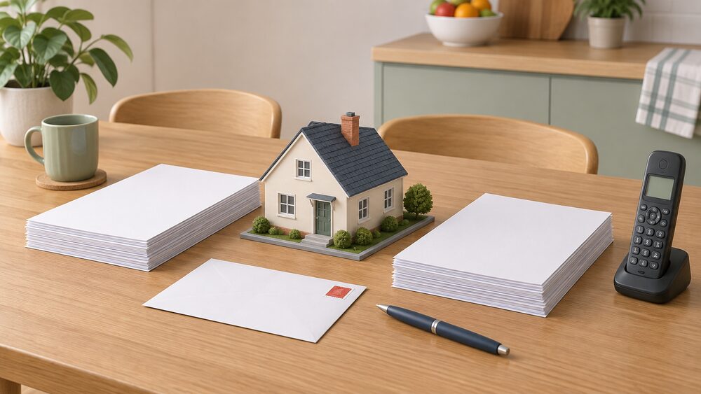 A small model of a house sits centrally on a kitchen table beside two separate stacks of blank application paperwork, a cordless telephone, a pen and a stamped return envelope, suggesting a householder choosing between two funded heating routes.