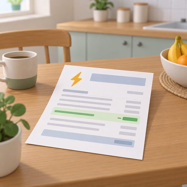 A paper household electricity bill lying on a kitchen table, printed as a physical document with blank lines and plain colour bands, showing a highlighted discount line applied by the supplier to the electricity account only.