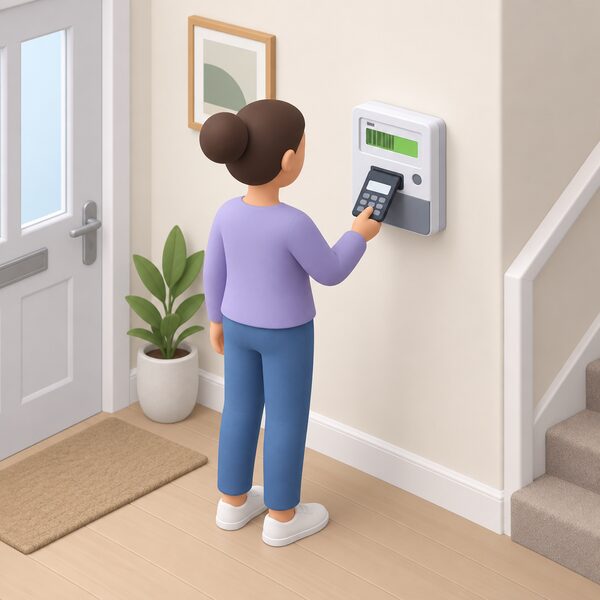 A wall-mounted smart prepayment electricity meter with its display showing a plain credit band, and a simplified figure standing beside it adding credit via a keypad or top-up device, set inside a home hallway.