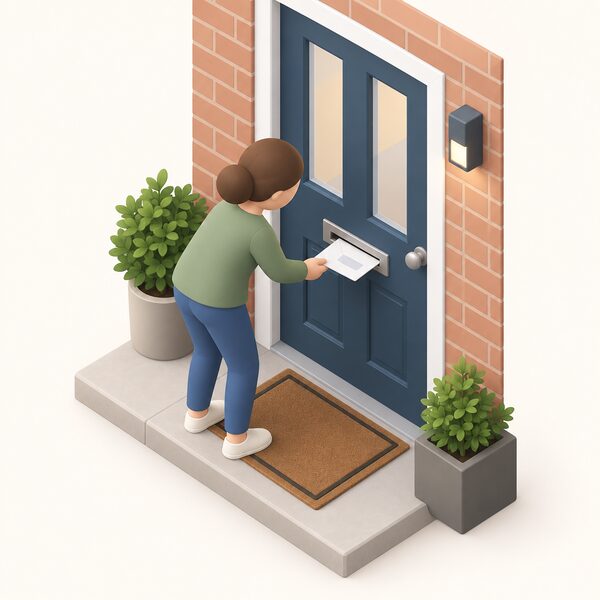 A plain envelope addressed to a UK household lying in an open front-door letterbox, with a simplified isometric figure of a resident at the door reaching down to pick it up, the house entrance and doormat shown simply with no readable text anywhere.