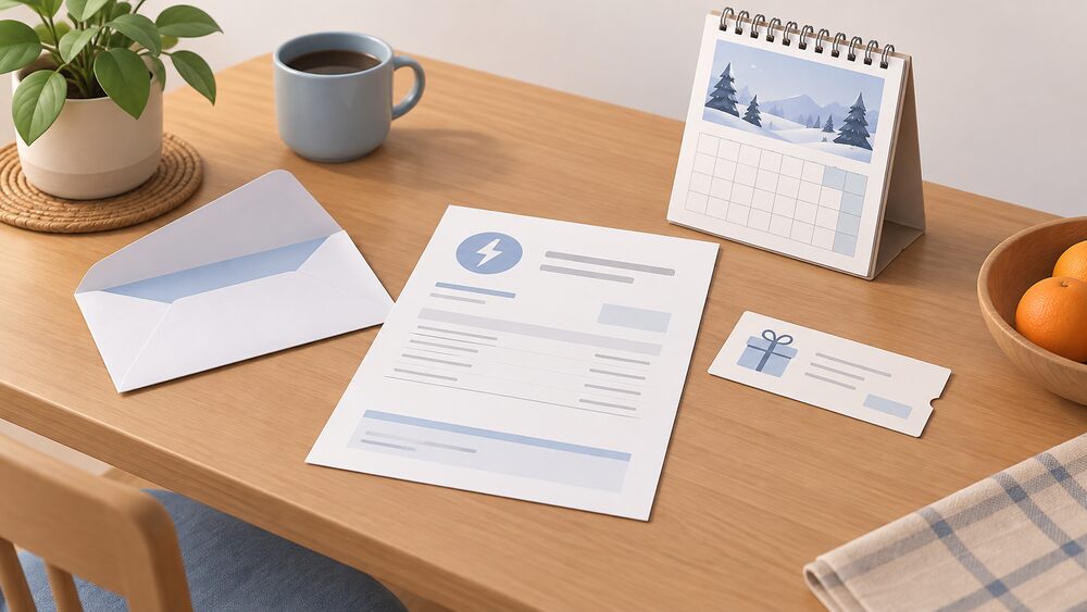 A kitchen table with a blank electricity bill lying flat, a plain envelope opened beside it, a small paper voucher, and a wall calendar showing a winter month, representing the one-off annual credit arriving between October and April.