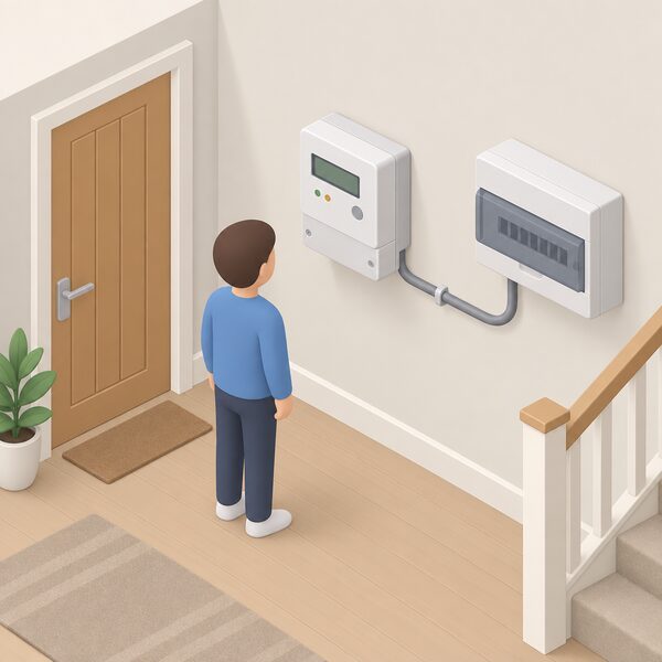 A wall-mounted smart electricity meter in a UK home hallway, drawn as a physical object with a small blank screen and plain indicator lights, with a simplified isometric figure standing beside it looking at the display, and a cable running from the meter unit toward the consumer unit.