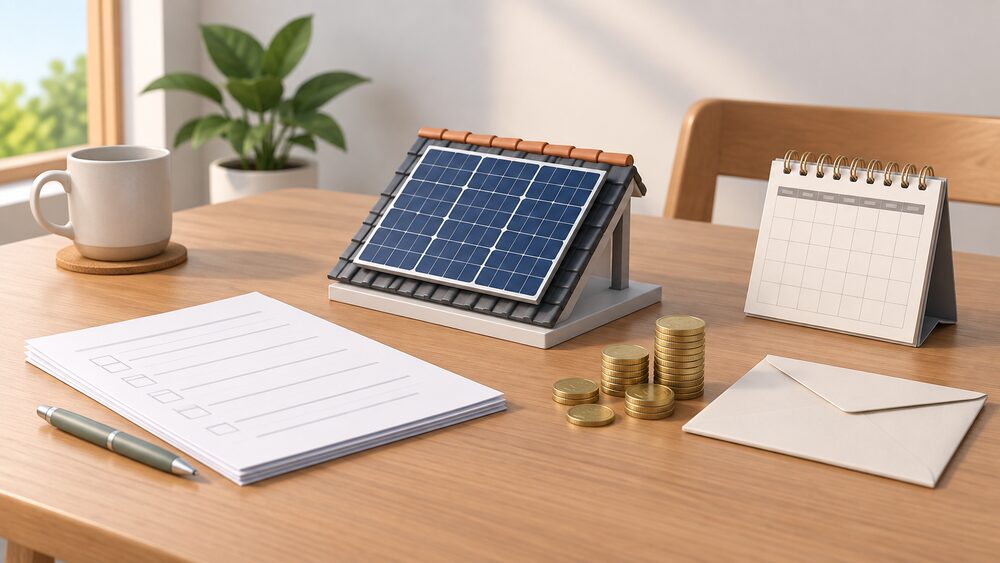 A small model of a rooftop solar panel stands on a kitchen table beside blank application paperwork, a stack of coins, a sealed envelope and a desk calendar, suggesting a household working out how to fund a solar installation.