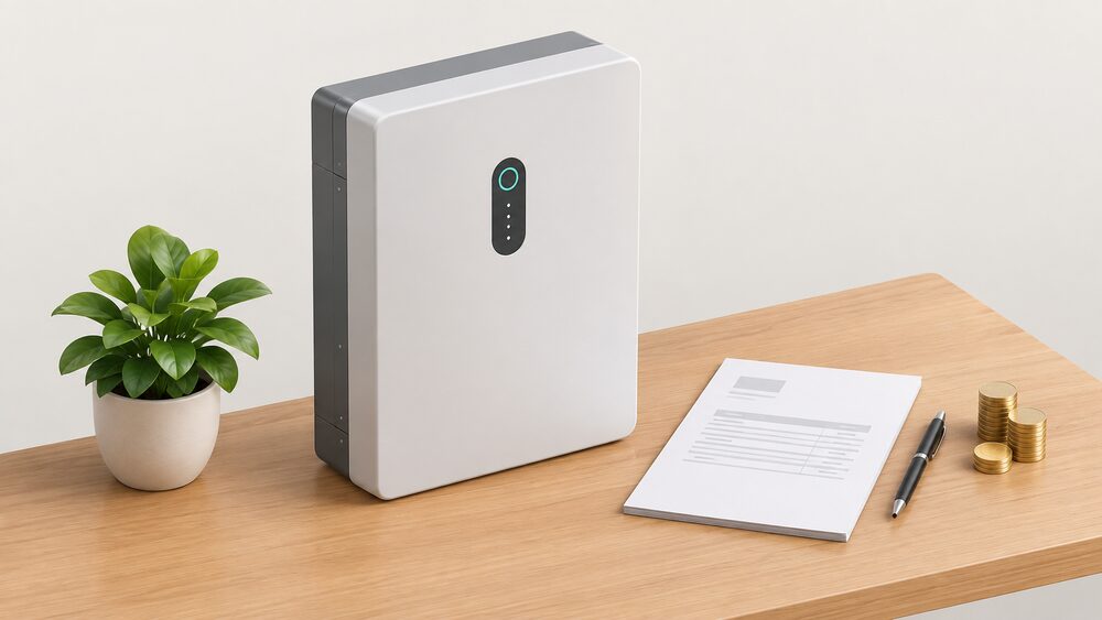 A wall-mounted home battery storage unit standing as the centrepiece on a table beside a blank installer's quote, a pen and a small stack of coins, with no solar panels anywhere in the scene.
