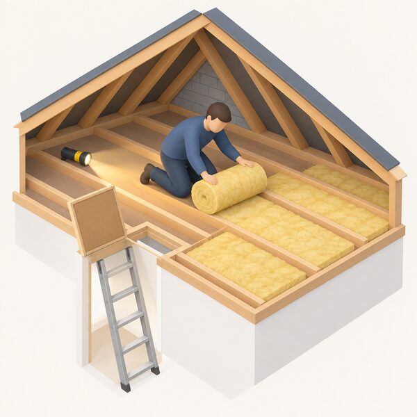 A simplified isometric installer in plain work clothing kneeling in a residential loft, unrolling a roll of mineral wool insulation between the joists, with a ladder up through the loft hatch and a torch lighting the work area.