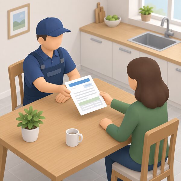 A dated installer invoice lying on a kitchen table in a home, drawn as a physical paper document with blank lines and plain colour bands where the date, the installation description and the VAT rate applied would appear, with a simplified installer figure handing it across the table to a householder.