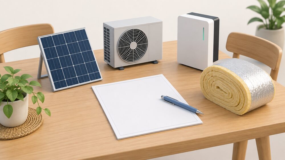 A kitchen table with a blank invoice and a pen at the centre, surrounded by small recognisable models of the qualifying items: a solar panel, a small air source heat pump unit, a wall-mounted battery and a roll of loft insulation.