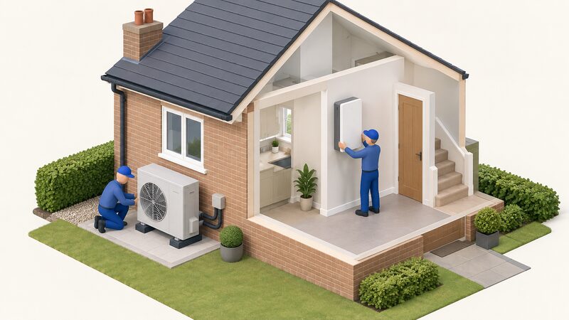 An installer fitting an air source heat pump outside a UK house while a second figure positions a battery storage unit on an inside wall, showing a single installation of qualifying energy-saving materials covered by the zero VAT rate.