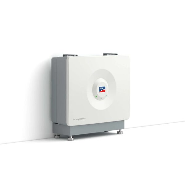 A white SMA Home Storage battery unit mounted on a wall against a plain white background