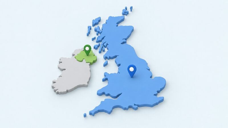 A simplified map of the United Kingdom with Great Britain shaded in one plain colour and Northern Ireland in another, each region carrying a plain unlabelled marker distinguishing its different zero-rate start date.