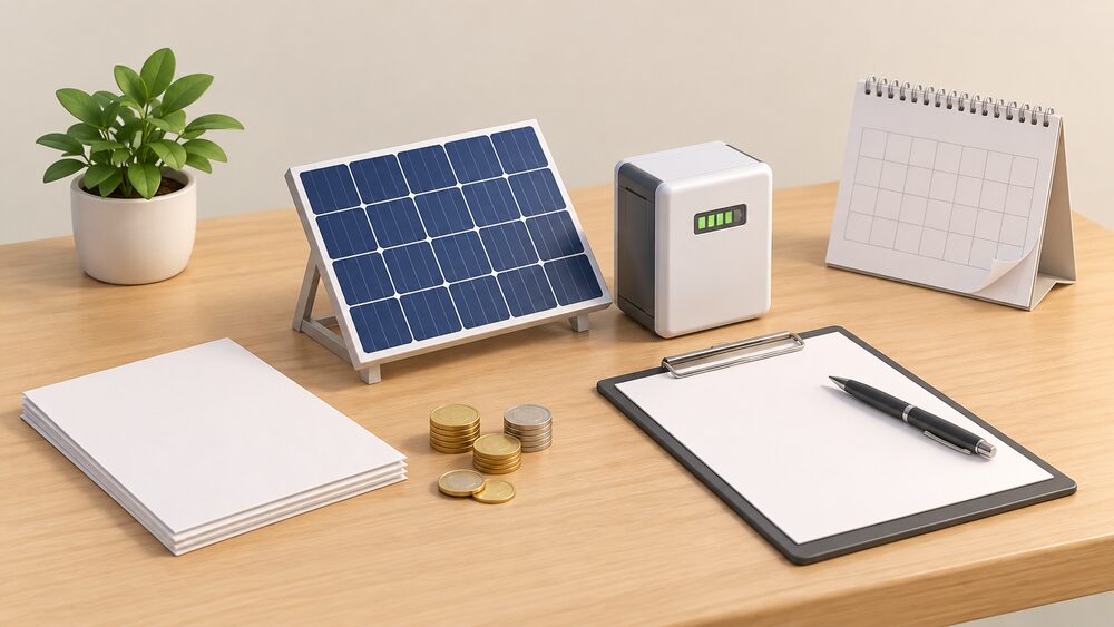 A small rooftop solar panel model and a compact battery unit stand on a wooden table beside blank paperwork, a clipboard with a pen, a wall calendar and a few coins, suggesting a household deciding on a qualifying installation before the relief ends.