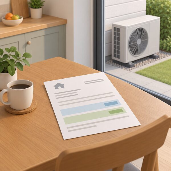 A paper invoice lying on a kitchen table beside a small heat pump outdoor unit, drawn as a physical document with blank lines and plain colour bands for the supply cost and the VAT relief line, no readable figures.