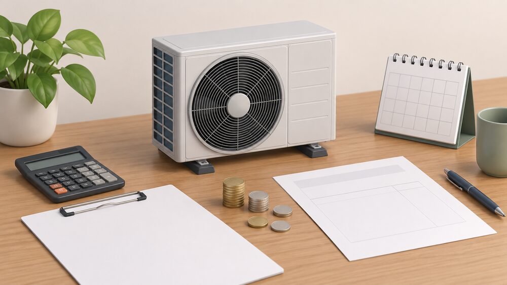 A small model of an air-source heat pump unit stands on a desk beside blank quotation paperwork, a blank invoice and a few coins, with a calendar page nearby, suggesting a household reviewing the cost of a heat pump installation.