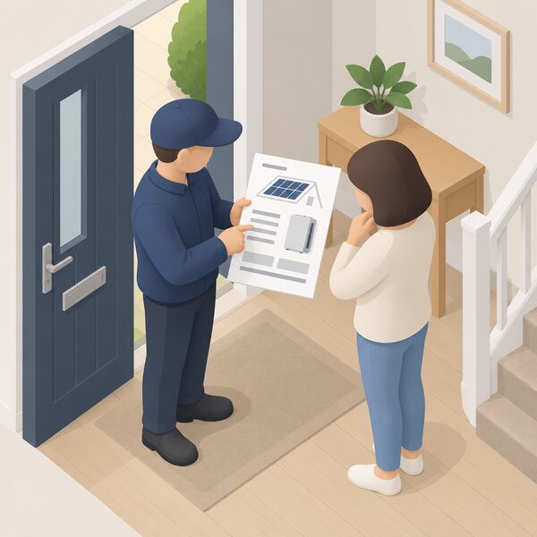 An installer, standing at a householder's front door or in their hallway, hands over and points through a printed quote sheet for a rooftop solar panel and battery installation, with a simple line drawing of the proposed panel and battery layout on the sheet shown only as blank lines and plain blocks.
