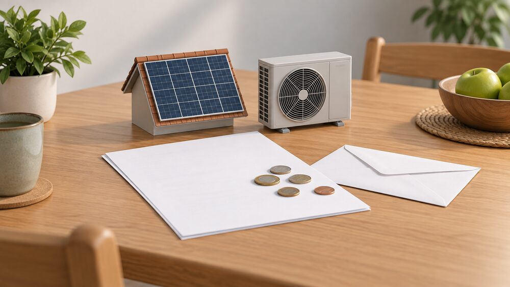 A kitchen table with a blank quote paperwork and an envelope, a small model of a rooftop solar panel and a small model of an air source heat pump fan unit standing beside it, with a few coins scattered on the paperwork.