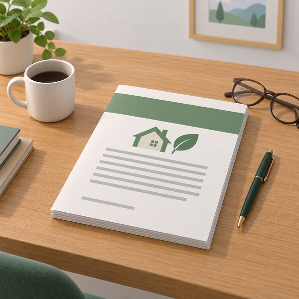 A printed statutory instrument document lying on a wooden desk, shown as a physical object with a plain colour title band and blank lines of text, beside a pen and reading glasses, with no readable words or figures anywhere on its pages.