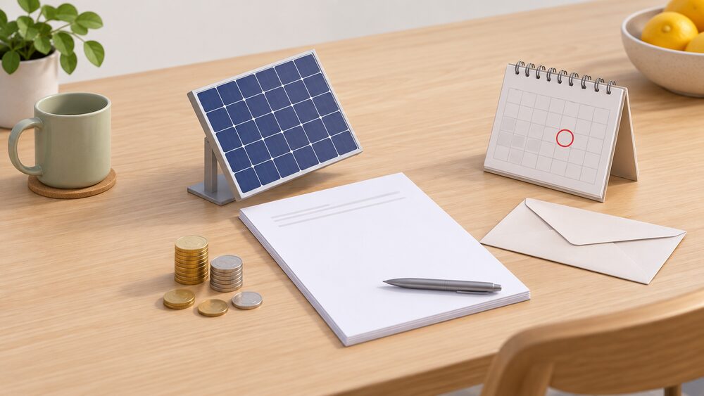A small model of a rooftop solar panel stands beside blank quote paperwork on a kitchen table, with a few coins, a plain envelope and a calendar page showing a circled date arranged around them.