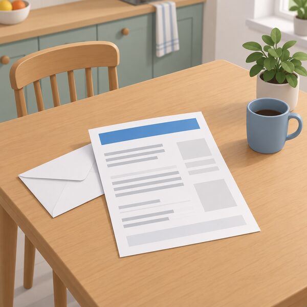 A paper electricity bill lying on a kitchen table beside an envelope, with the supplier's name shown as a plain colour band at the top of the sheet and the rest of the bill as blank lines and simple blocks, with no readable words or figures anywhere.