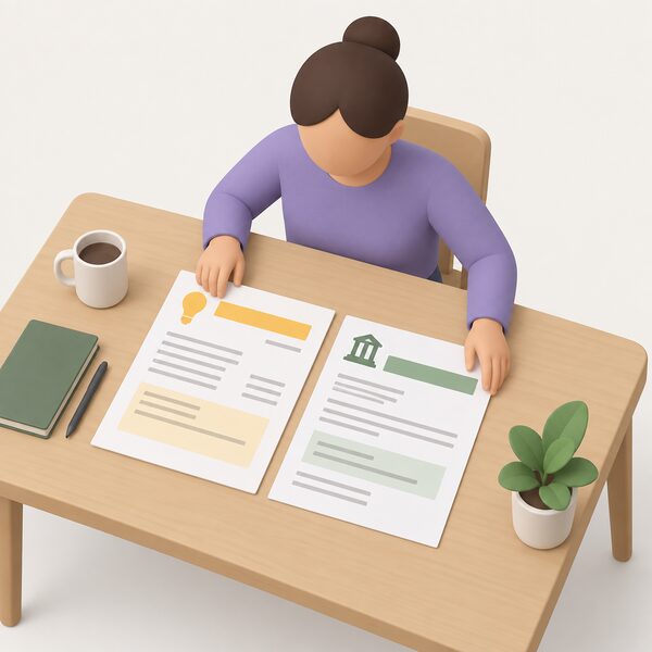 A kitchen table with an electricity bill and a benefit award letter laid side by side as evidence, both shown as physical documents with blank lines and plain colour bands instead of readable text, with a simplified figure's hands arranging them.